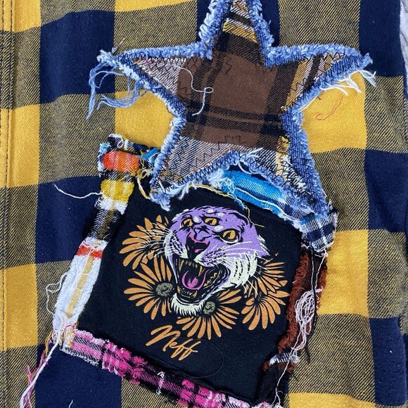 Flannel Shirt Women Large Yellow Tiger Grunge Camp Rock Country Upcycled Crochet - Picture 15 of 16